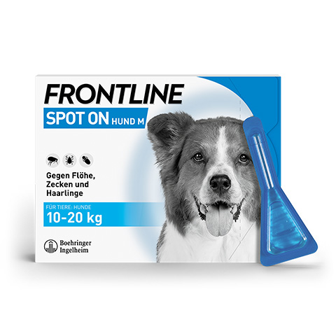 Das Packungsbild von Frontline Spot On Hund M mit Pipette.
